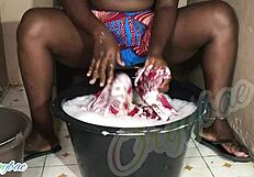 WOW MILF Housewife's Shaved Pussy Flashes During Weekend Laundry Chores
