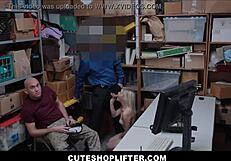 A cute teen shoplifter gets taken by the officer while her boyfriend watches