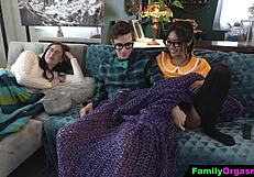 step sister rides stepbrother cowgirl while stepmom sleeps nearby