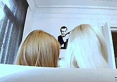 grandpa's dick deepthroated and fucked by two cute blonde teens licking cum