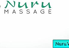 Sexy blonde teen masseuse Lilly Bell coats big boobs in nuru gel for slippery sex with Codey Steele