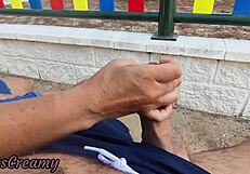 i flash two dicks in park girl jerks cum on her tits risky public