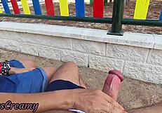i flash two dicks in park girl jerks cum on her tits risky public