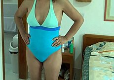 stepmom shaves her big hairy pussy on beach then fingers huge tits and masturbates watching me 😏🍑💦