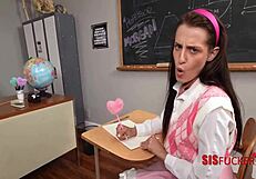 Detention spirals when teacher and step sis turn room into wild breeding frenzy with licks and fucks