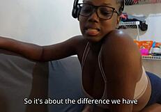 Ebony slut gives sloppy deepthroat while stepdaughter watches the bum action