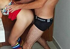 stepdad sneaks into bathroom chasing stepdaughter in miniskirt pantyhose