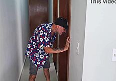 stepdad sneaks into bathroom chasing stepdaughter in miniskirt pantyhose