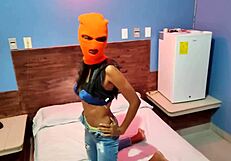 stepsister masks up shakes hips naked in hotel bed for halloween