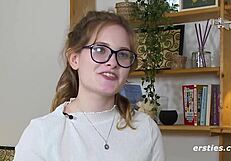 german glasses babe luna fingers pierced shaved pussy with dildo vibrator