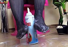 Brunette Italian In Pantyhose Nylon Heels Gives Messy Footjob Cream Foot Fetish
