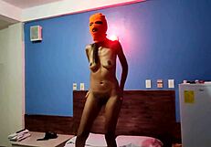 stepsister masks up shakes hips naked in hotel bed for halloween