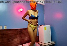 stepsister masks up shakes hips naked in hotel bed for halloween
