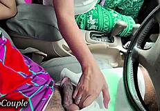 Hijab wife sneaks boyfriend's cock suck while driving jakarta streets
