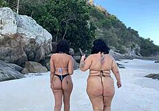 Friends reunite on beach and fuck passionately in public view
