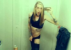 yo this hot tranny in leggings is so horny she cums everywhere dude