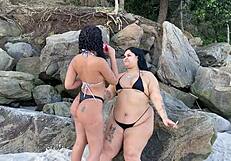 Friends reunite on beach and fuck passionately in public view