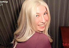 curvy blonde office bimbo bends over miniskirt for doggystyle pussy smash and facial