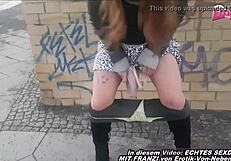 german teen slut pisses publicly into her own handbag pov
