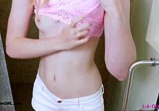 bright-eyed petite blonde milf showers seductively post daddy interview