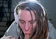 Headphones On But She Drains That Hard Cock With Relentless Sucking Passion