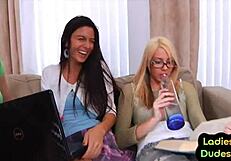 Picture sissy guy bent over, femdom babes strap-on slamming his hole relentlessly