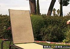 rayveness in heels and stockings teases james deen with backyard boobies bounce