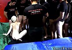 busty slut gulps down bukkake facials from monster cocks