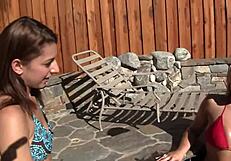 Hot lesbian teens flirt in spa then finger each other wildly