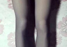 Asian Crossdresser Jerks Huge Cock In Black Pantyhose Short Jeans