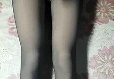 Asian Crossdresser Jerks Huge Cock In Black Pantyhose Short Jeans