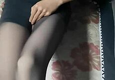 Asian Crossdresser Jerks Huge Cock In Black Pantyhose Short Jeans