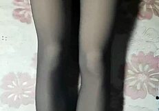 Asian Crossdresser Jerks Huge Cock In Black Pantyhose Short Jeans