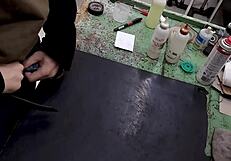 Skinny solo amateur jerks monster cock on workbench at work site