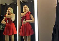 blonde wife flashes big tits in see-through clothes public mall changing room fetish