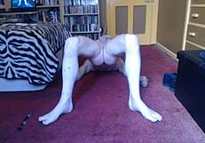 chubby mature with tiny uncut cock sweats through naked workout