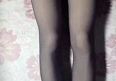 Asian Crossdresser Jerks Huge Cock In Black Pantyhose Short Jeans