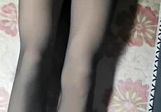 Asian Crossdresser Jerks Huge Cock In Black Pantyhose Short Jeans