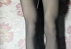 Asian Crossdresser Jerks Huge Cock In Black Pantyhose Short Jeans