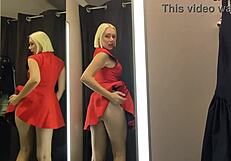 blonde wife flashes big tits in see-through clothes public mall changing room fetish