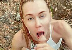 Petite babe craves huge cumshot facial on forest walk pov