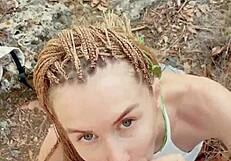 Petite babe craves huge cumshot facial on forest walk pov