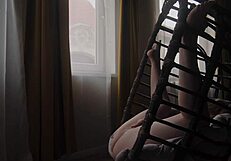 real amateur couple swings hard in chair as she licks cum from squirting pussy