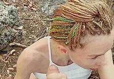 Petite babe craves huge cumshot facial on forest walk pov