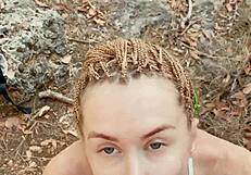 Petite babe craves huge cumshot facial on forest walk pov