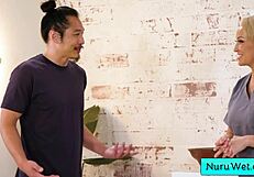Sexy Blonde Masseuse Ryan Keely Rubs Big Tits on Client Leo Vice in Slippery Nuru Massage Sex