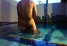 mature slut's face drenched masturbating in pool!