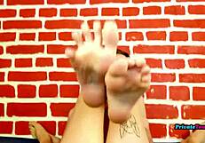 surprise! russian stepsis sneaks in for hot footjob action!