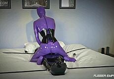 Femdom shop owner fucks bound latex rubber doll slave