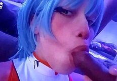 rei ayanami cosplay babe gives backstage blowjob cum in suit